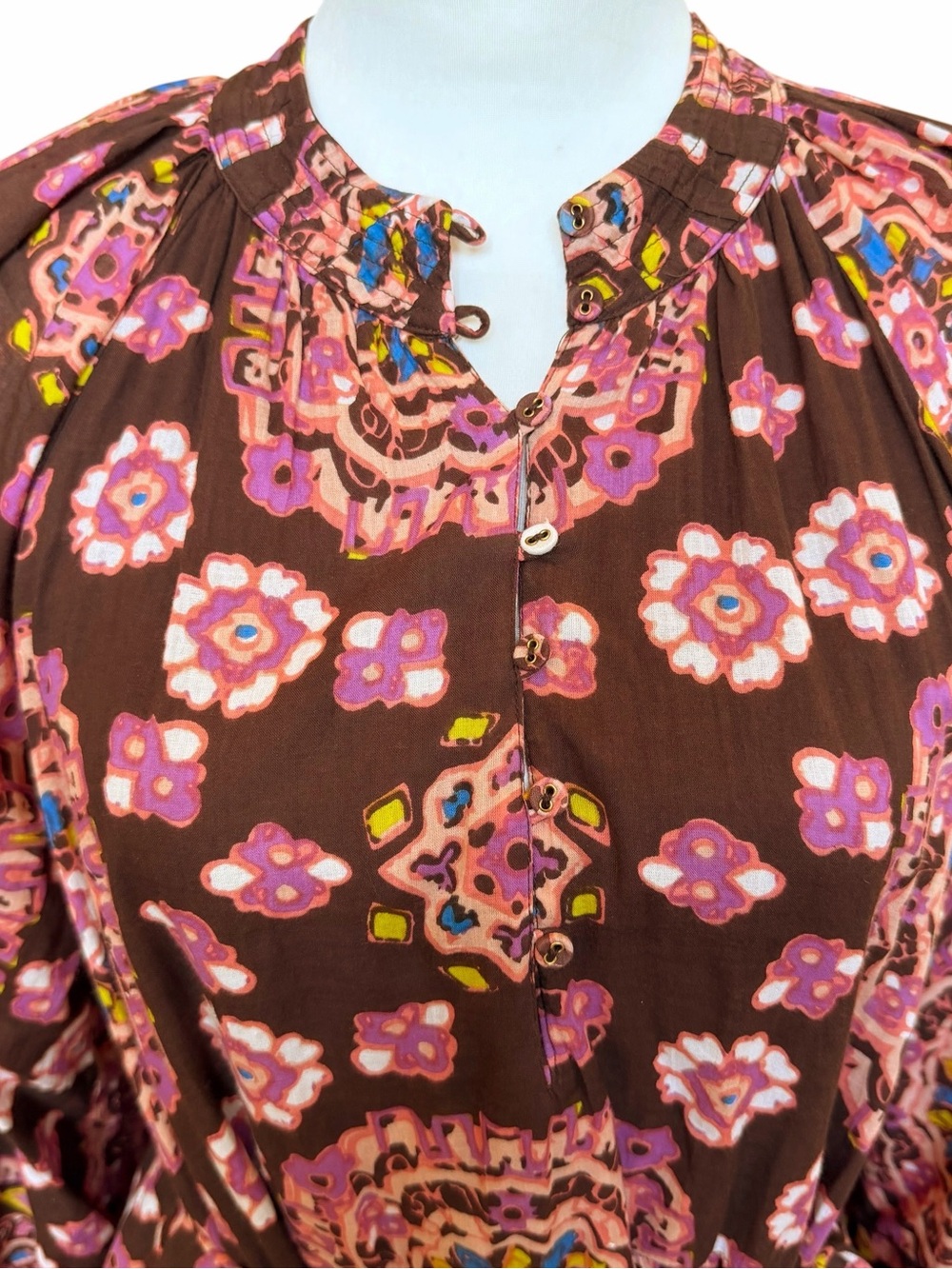 Cleobella Elvia Mini Dress Size Small Brown Cotton Boho Peasant Puff Sleeves - Picture 5 of 13